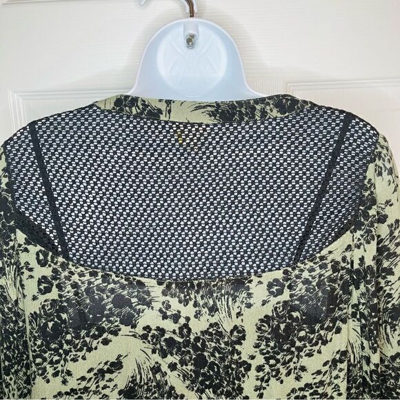 Hinge Long Sleeve Relaxed Floral Drop Waist Mesh Shoulder Dress Green Black S - Picture 5 of 10